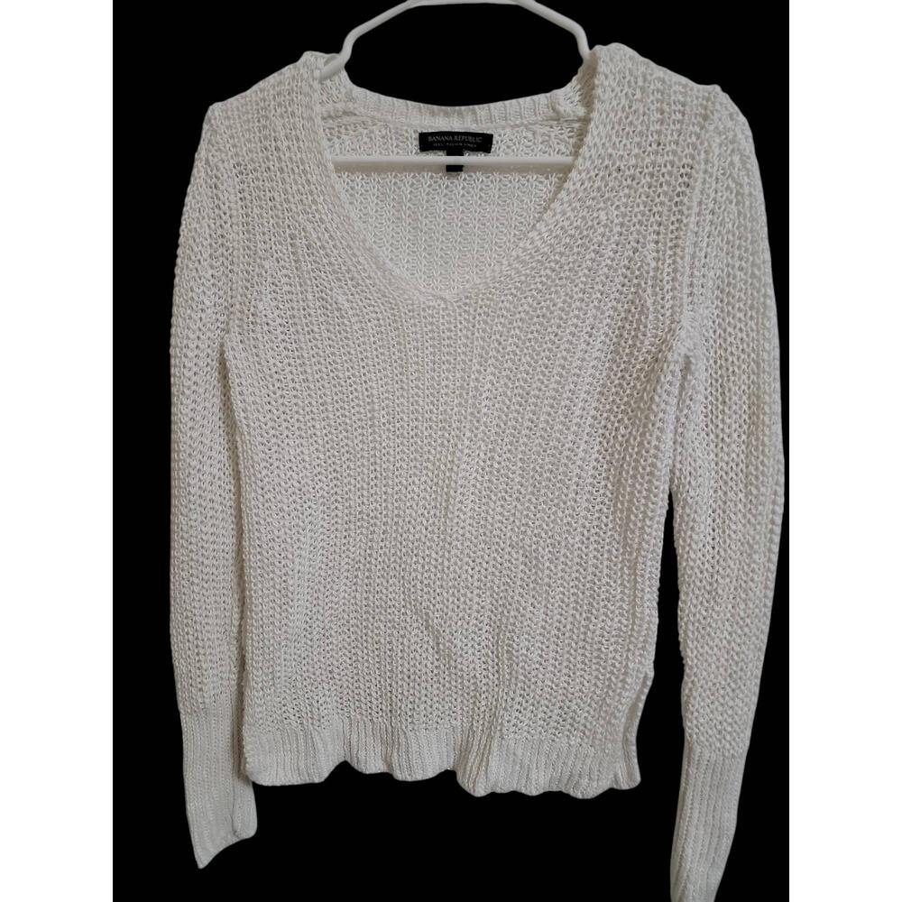 Banana Republic White VNeck Knitted Long Sleeve Sweater Extra Small